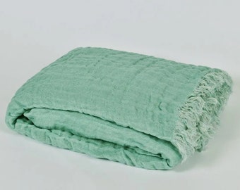 Pure linen blanket, fringed fluffy linen blanket, double sided linen throw, mint green linen blanket, linen bedspread, linen sofa bed throw