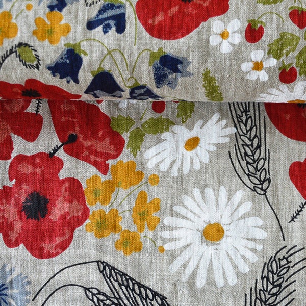 Floral linen fabric, washed linen, 205 gsm, flower linen. Linen fabric by the meters, linen by the yard