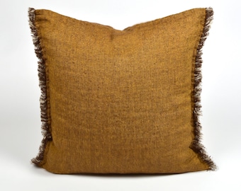 Funda de almohada de lino puro, funda de almohada de lino, funda de cojín de mezclilla marrón, funda de almohada de lino con flecos, funda de cojín de lino, funda de almohada con cremallera