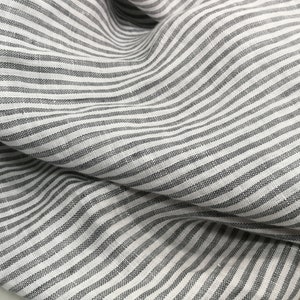 Softened pure linen fabric, white gray striped linen fabric, organic pure flax fabric with stripes, stonewashed linen by the meter, 130 gsm image 3