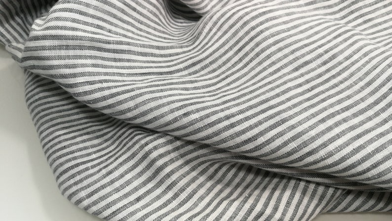 Softened pure linen fabric, white gray striped linen fabric, organic pure flax fabric with stripes, stonewashed linen by the meter, 130 gsm image 3