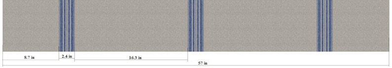 K&ouml;nnte beinhalten: Ein grauer und wei&szlig;er gestreifter Stoff mit blauen Streifen, die vertikal verlaufen. Der Stoff ist in Zoll gemessen: 3,7 Zoll, 2,4 Zoll, 16,3 Zoll und 57 Zoll.