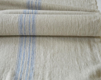 Striped linen fabric by the meter, natural linen, striped linen, softened linen fabric, blue stripes, french grain sack, 350 GSM, upholstery