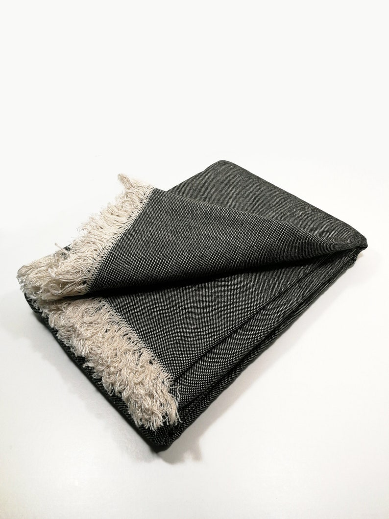 Linen Cotton Blend Blanket Fringed Blanket Black Beige Linen Etsy