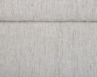 Softened pure linen fabric, white beige striped linen fabric, organic flax fabric with narrow stripes, stonewashed linen by the yard, 200gsm