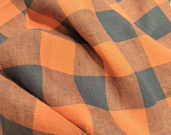 Checked pure linen fabric, blue orange gingham checked linen, 195 GSM, softened washed linen fabric by the yard, linen fabric by the meter