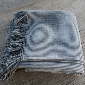 Linen blanket, fringed linen blanket, linen throw, flax blanket, striped natural grey linen blanket, damask linen blanket, bedspread, 200GSM
