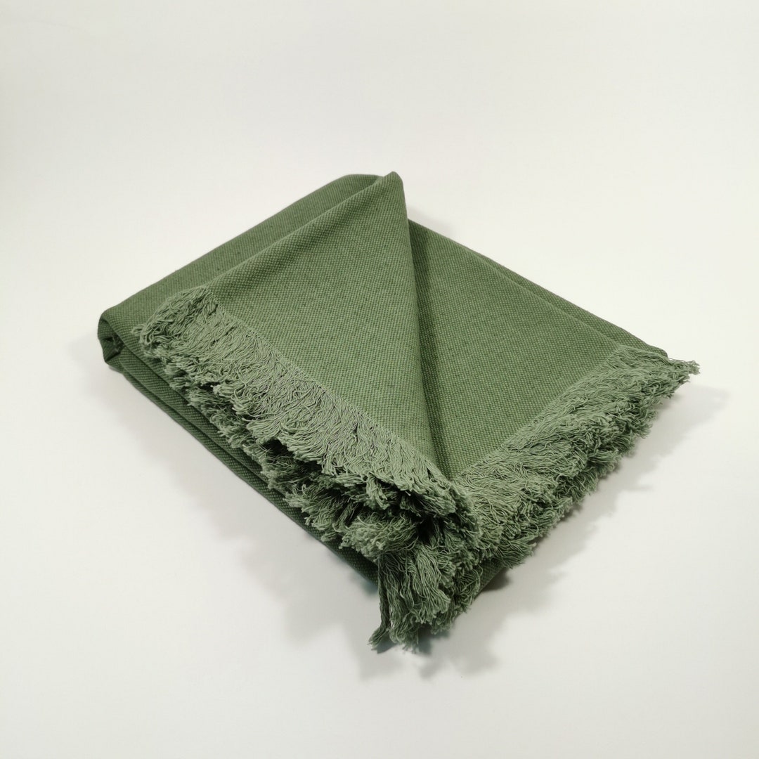 Linen Cotton Blend Blanket, Fringed Blanket, Mossy Green Linen Throw