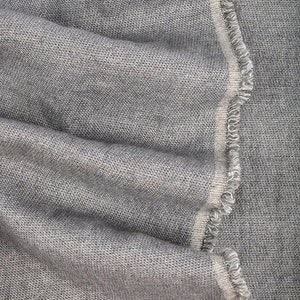 May include: Close-up of a gray fabric with a textured weave. The fabric has a frayed edge with a thin, off-white stripe. The material is folded, showing the texture and drape of the textile.