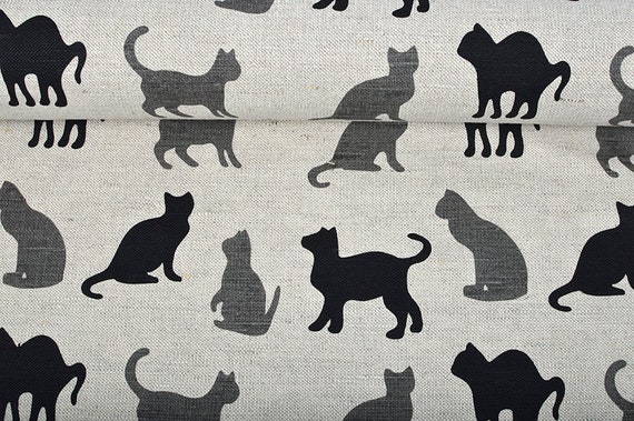 Linen cotton blend fabric, printed linen fabric with cats, linen by the meter, linen by the yard, natural flax grey beige color fabric