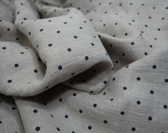 Softened linen fabric with black polka dots, medium weight organic flax fabric, 200 GSM, dotted, not dyed washed linen fabric by the meter