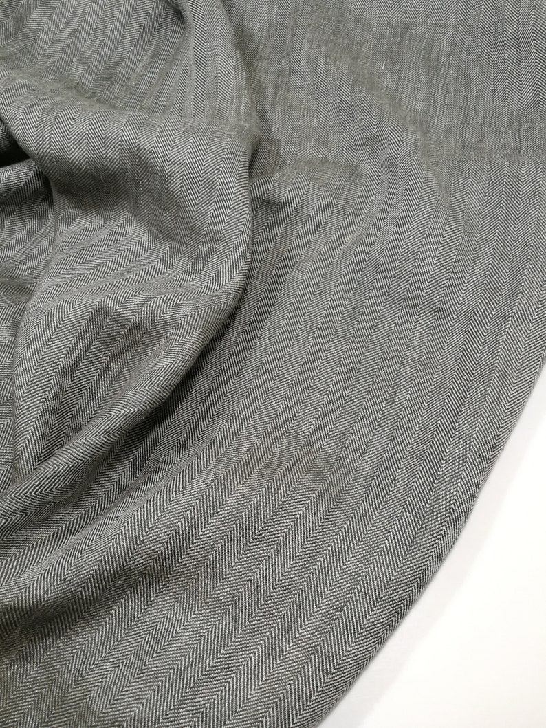 Softened linen fabric by the meter grey white herringbone | Etsy