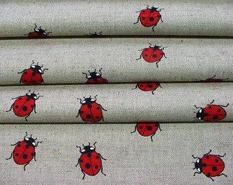 Linen cotton blend fabric, printed linen fabric with ladybirds, linen by the meter, linen by the yard, natural flax grey beige color fabric
