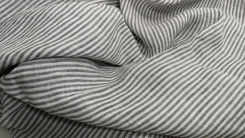 Softened pure linen fabric, white gray striped linen fabric, organic pure flax fabric with stripes, stonewashed linen by the meter, 130 gsm image 2