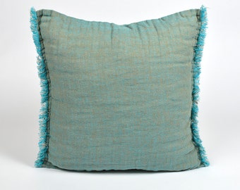 Pure linen pillow case, Linen pillow cover, turquoise denim cushion cover, fringed linen pillow case, linen pillow cover, zipped pillow case