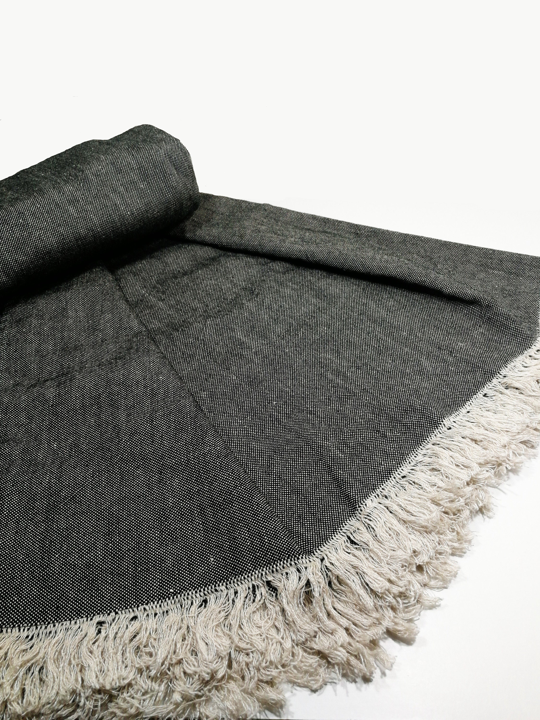 Linen Cotton Blend Blanket Fringed Blanket Black Beige Linen Etsy