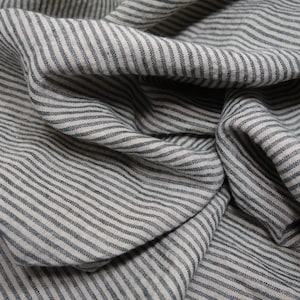 Softened pure linen fabric, natural gray striped linen fabric, organic flax linen with gray stripes, stonewashed linen by the yard, 200 gsm
