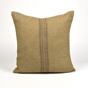 Pure linen cushion cover, Linen pillow cover, golden brown linen pillow case, French grain sack with brown stripes, zipped pillow case