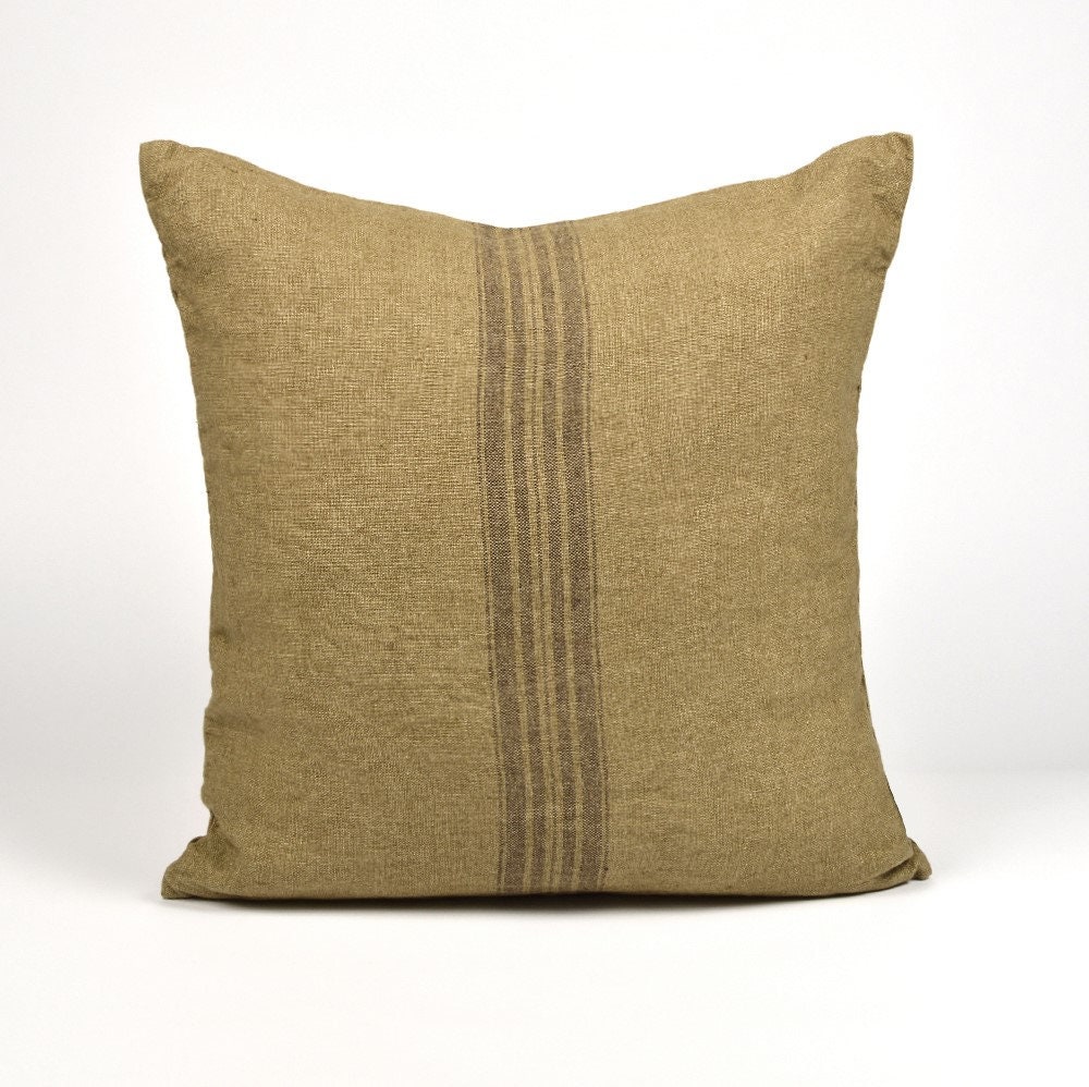 Funda de cojín de lino puro, funda de almohada de lino, funda de almohada de lino marrón dorado, saco de grano francés con rayas marrones, funda de almohada con cremallera