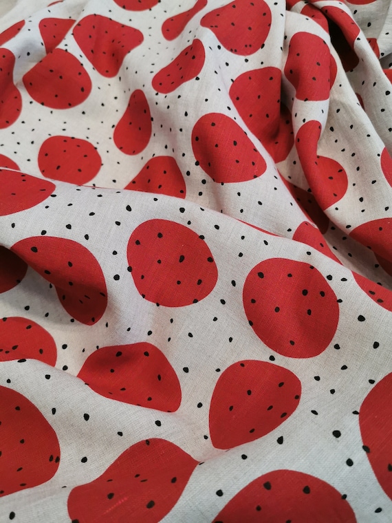 Softened pure linen fabric, red poppies pattern on natural background, 210gsm (6.19 oz/yd2). Washed linen fabric by the meter, by the yard