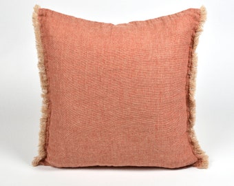 Pure linen pillow case, Linen pillow cover, red beige denim cushion cover, fringed linen pillow case, linen pillow cover, zipped pillow case