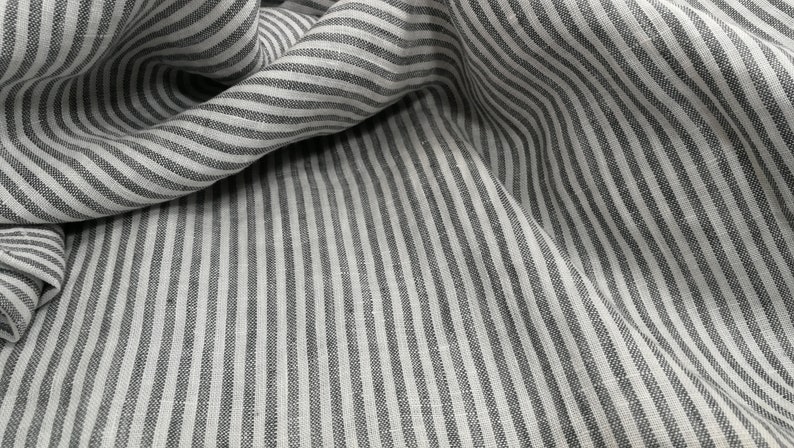 Softened pure linen fabric, white gray striped linen fabric, organic pure flax fabric with stripes, stonewashed linen by the meter, 130 gsm image 7