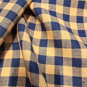 Checked pure linen fabric, blue yellow gingham checked linen, 195 GSM, softened washed linen fabric by the yard, linen fabric by the meter