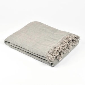 Linen cotton blend blanket, fringed soft linen blanket, medium weight linen throw, grey linen blanket, linen bedspread, linen sofa bed throw