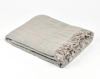 Linen cotton blend blanket, fringed soft linen blanket, medium weight linen throw, grey linen blanket, linen bedspread, linen sofa bed throw