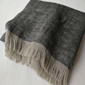 Double sided linen blanket, fringed linen blanket, linen throw, black grey beige linen blanket, natural flax blanket, bedspread, 240 GSM