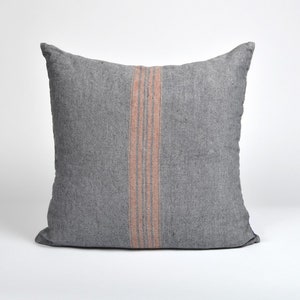 Funda de cojín de lino puro, funda de almohada de lino, funda de almohada de lino gris melange, saco de grano francés con rayas naranjas, funda de almohada con cremallera