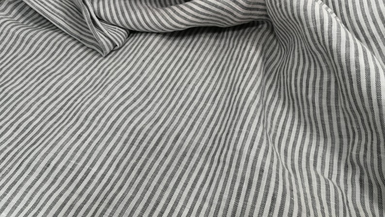 Softened pure linen fabric, white gray striped linen fabric, organic pure flax fabric with stripes, stonewashed linen by the meter, 130 gsm image 8