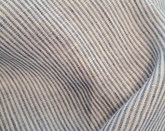 Softened pure linen fabric, white blue striped linen fabric, organic flax linen with narrow stripes, stonewashed linen by the yard, 150 gsm