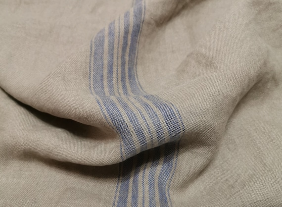 Striped linen fabric by the meter, darker natural linen, softened striped linen fabric, blue stripes, French grain sack, 350 GSM, upholstery