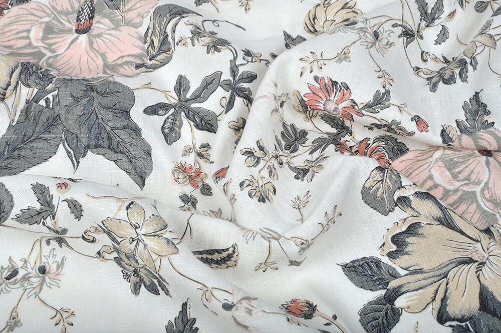Softened Floral Pattern Linen Fabric Medium Weight Linen With Etsy