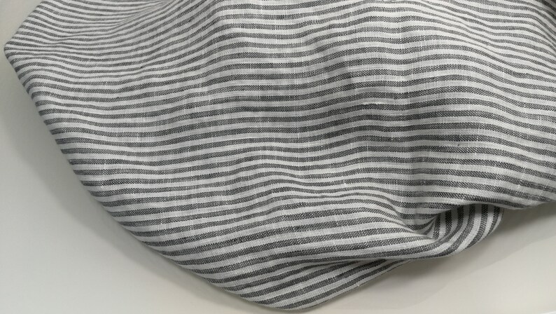 Softened pure linen fabric, white gray striped linen fabric, organic pure flax fabric with stripes, stonewashed linen by the meter, 130 gsm image 4