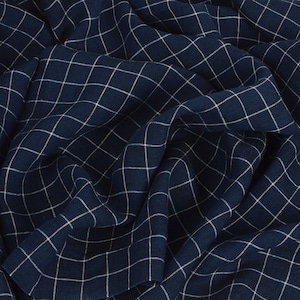 Checked pure linen fabric, navy blue white grid checked linen, 200 GSM, softened washed linen fabric by the yard, linen fabric by the meter