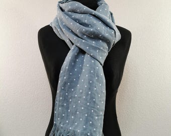 Polka dots linen scarf, pure linen shawl, unisex scarf, softened linen scarf, medium weight scarf, fringed linen scarf, shawl in gift box