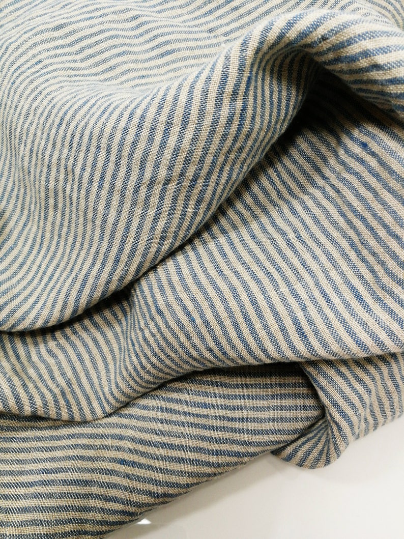 Softened pure linen fabric natural blue striped linen fabric | Etsy