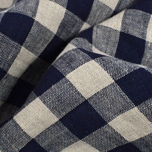 Checked pure linen fabric, blue beige gingham checked linen, 200 GSM, softened washed linen fabric by the yard, linen fabric by the meter