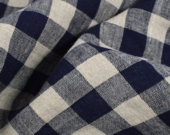 Checked pure linen fabric, blue beige gingham checked linen, 200 GSM, softened washed linen fabric by the yard, linen fabric by the meter