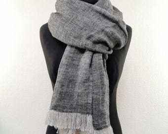 Long double sided linen scarf, pure linen shawl, black beige melange scarf, softened linen scarf, fringed linen scarf, shawl in a gift box
