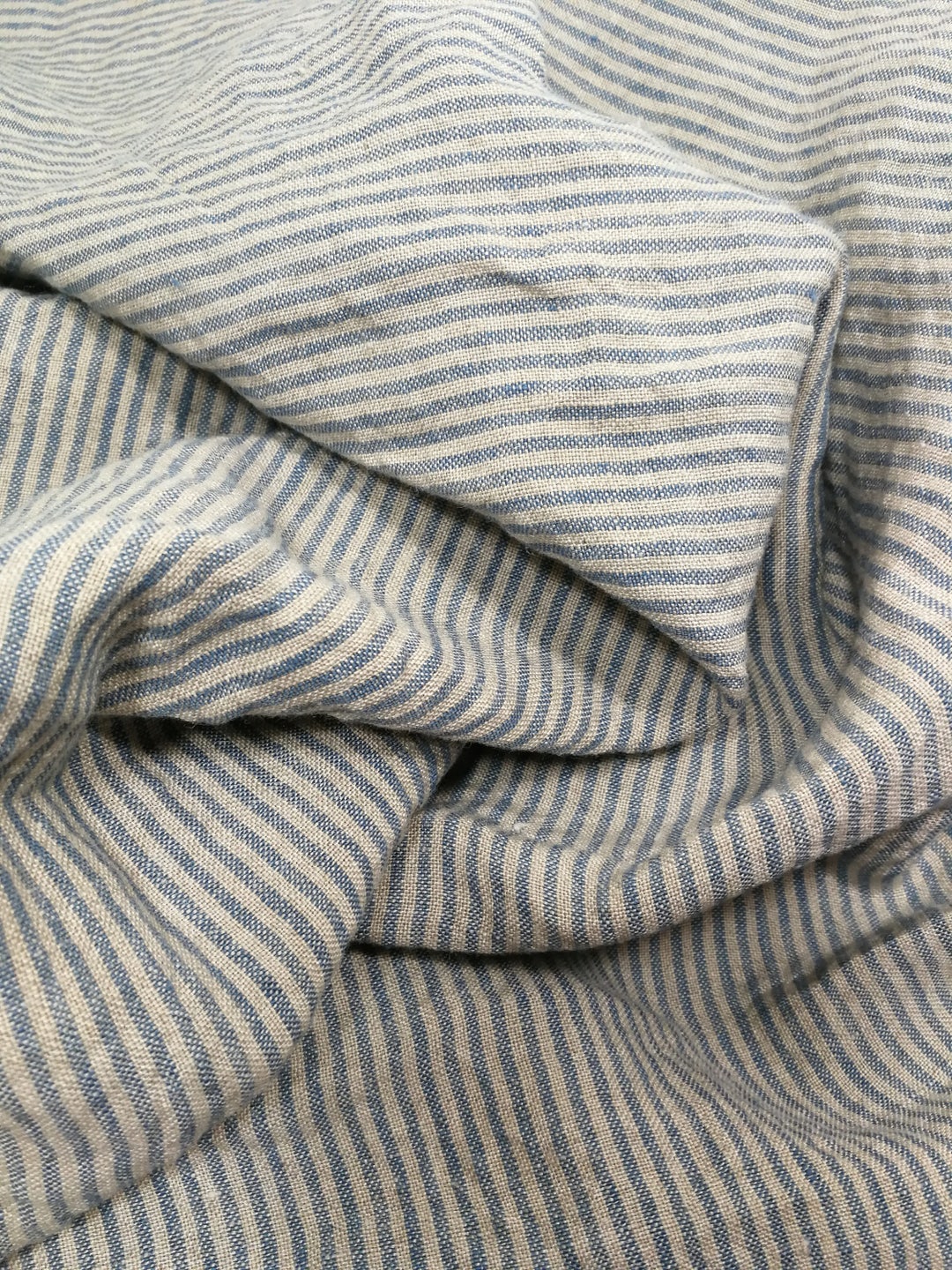 Softened Pure Linen Fabric, Natural Blue Striped Linen Fabric, Organic
