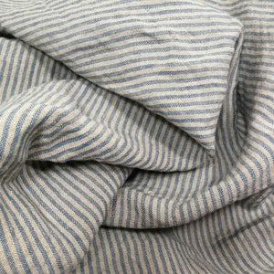 Softened pure linen fabric, natural blue striped linen fabric, organic flax linen with blue stripes, stonewashed linen by the yard, 200 gsm
