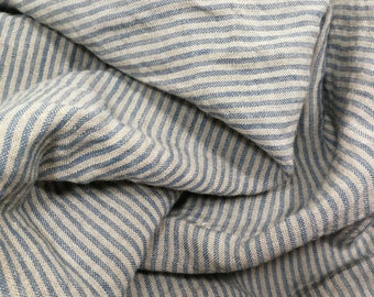 Softened pure linen fabric, natural blue striped linen fabric, organic flax linen with blue stripes, stonewashed linen by the yard, 200 gsm