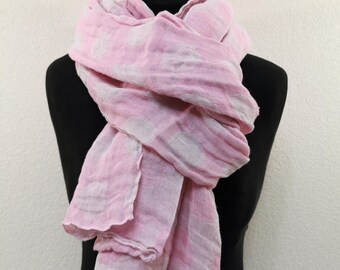Long double sided linen scarf with polka dots, pale pink linen shawl, softened linen scarf, unisex scarf, lightweight scarf