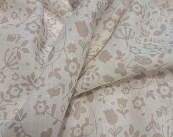 Softened pure linen fabric, beige floral pattern on white background, 130gsm (3.83 oz/yd2). Washed linen fabric by the meter, by the yard
