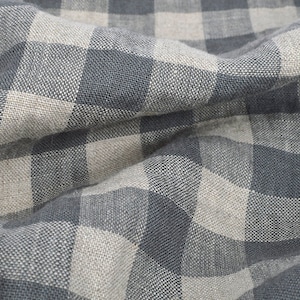 Checked pure linen fabric, gray beige gingham checked linen, 200 GSM, softened washed linen fabric by the yard, linen fabric by the meter