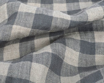 Checked pure linen fabric, gray beige gingham checked linen, 200 GSM, softened washed linen fabric by the yard, linen fabric by the meter