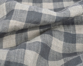 Checked pure linen fabric, gray beige gingham checked linen, 200 GSM, softened washed linen fabric by the yard, linen fabric by the meter